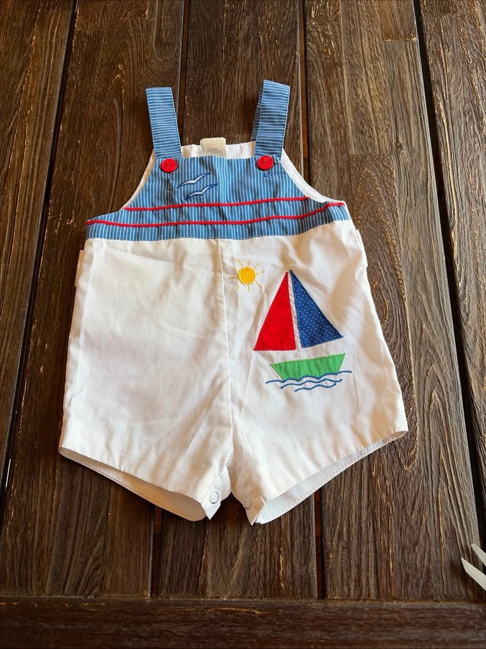 Sail Boat Boys Romper Shortall Overall Vintage 90s Blue Pinstripe Nautical 18 Mo